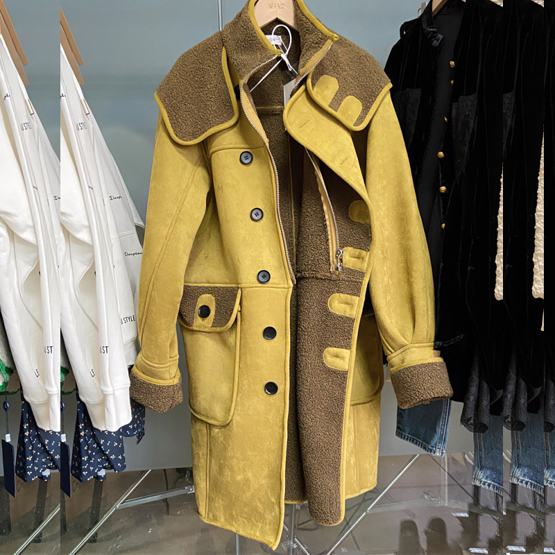 秋冬新款韩系芥末黄中长款连帽加厚保暖羊羔毛外套皮毛一体大衣女