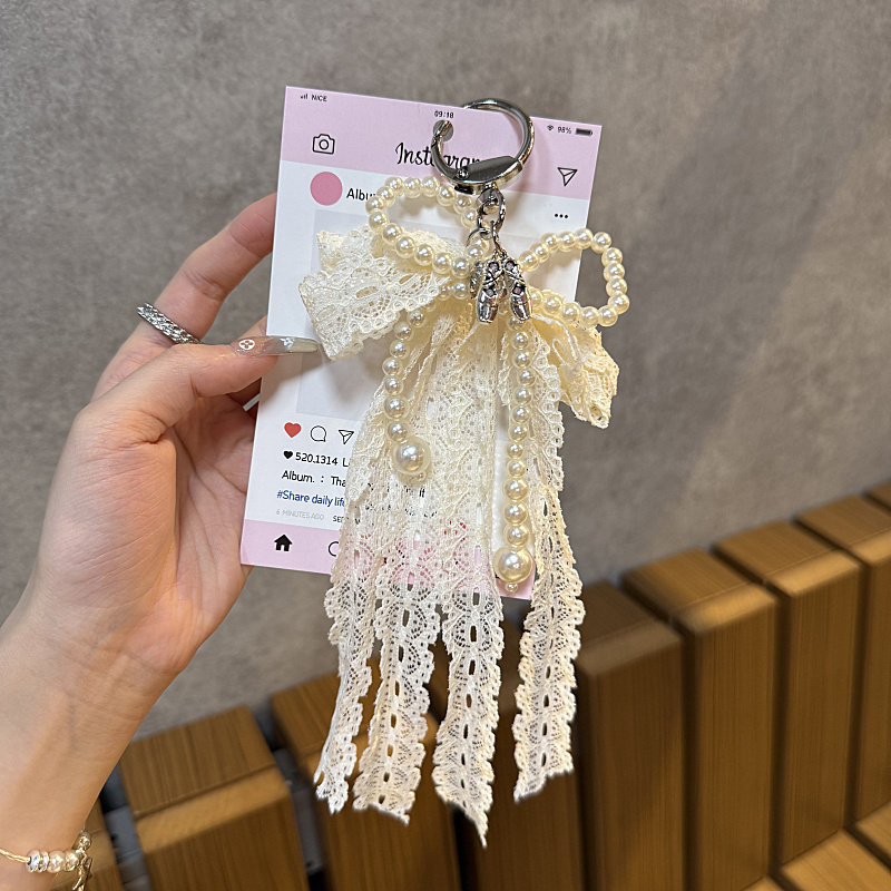 韩系ins闪钻爱心珍珠蕾丝蝴蝶结包包挂件挂链少女甜美芭蕾风链条