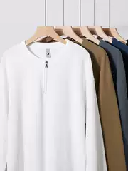 American-Style Heavyweight Waffle Knit 260g Crew Neck Long-Sleeve Autumn Textured Half-Zip Loose Simple Base Shirt Top for Men
