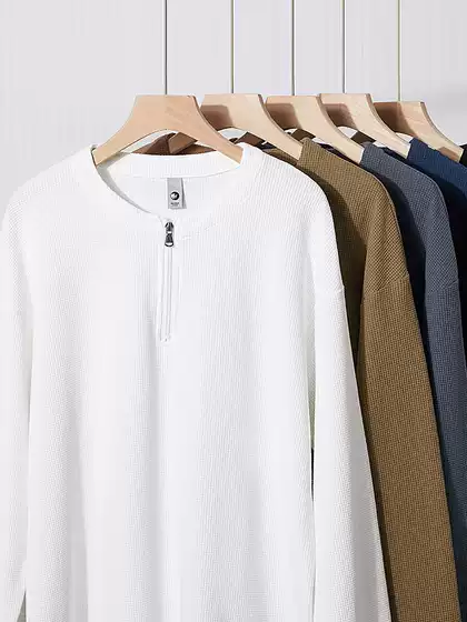 American-Style Heavyweight Waffle Knit 260g Crew Neck Long-Sleeve Autumn Textured Half-Zip Loose Simple Base Shirt Top for Men