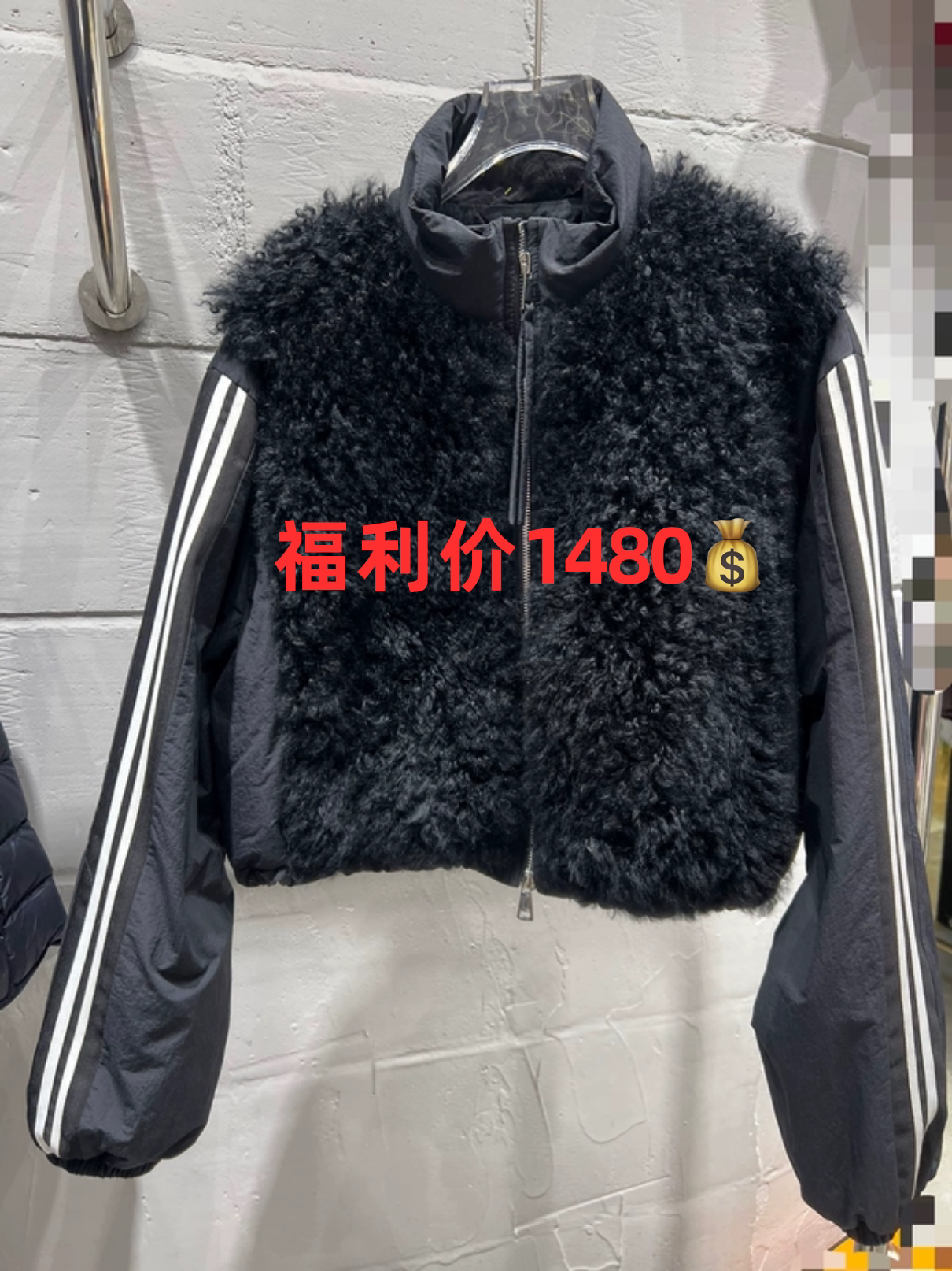 欧洲站2025冬季新款女立领双拉链袖条纹羊毛拼接白鹅绒服羽绒服