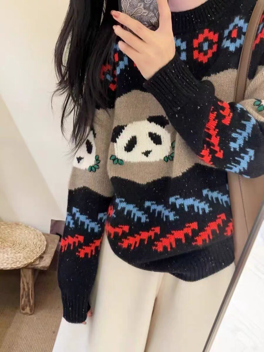 欧货高端羊绒毛衣女秋冬高级感新款宽松慵懒风熊猫重工加厚羊绒衫