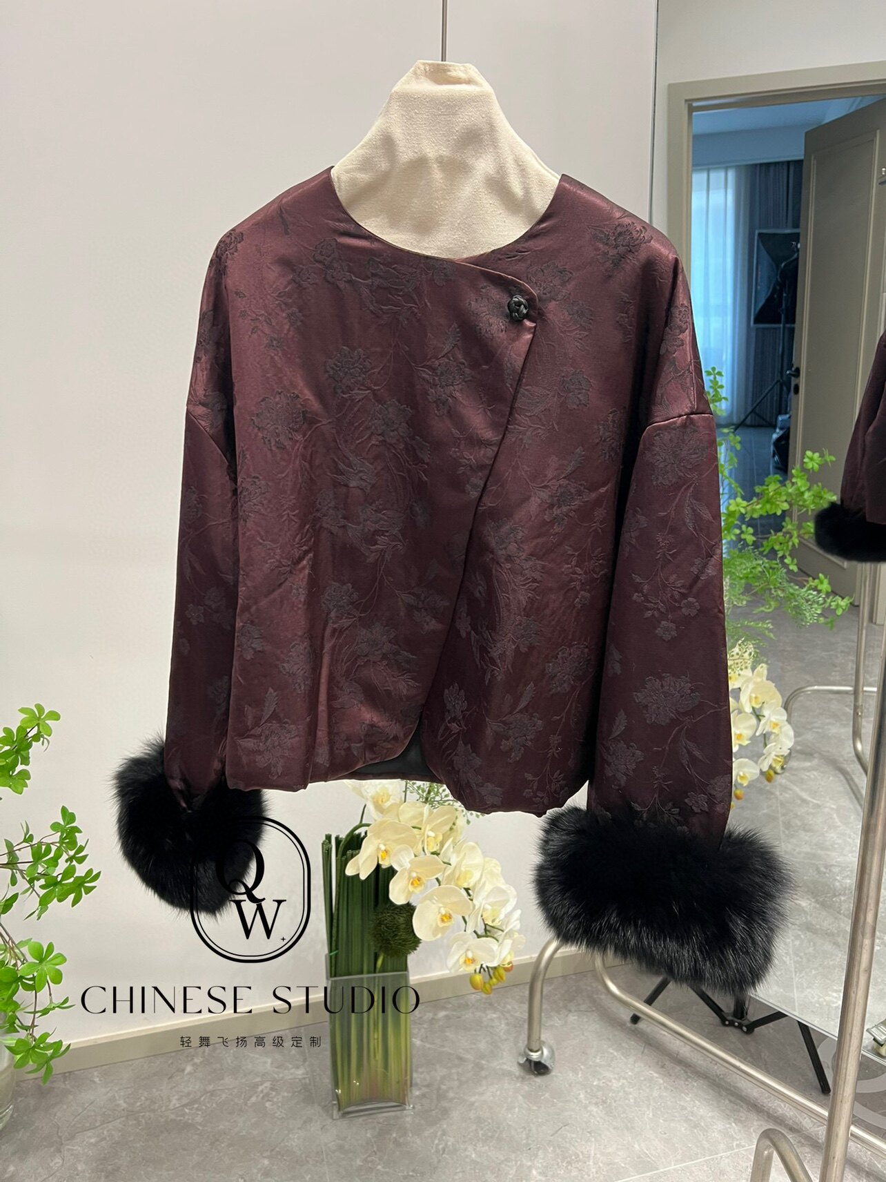 2024新款中式国风真丝提花拼接狐狸毛皮草外套女短款圆领夹克上衣