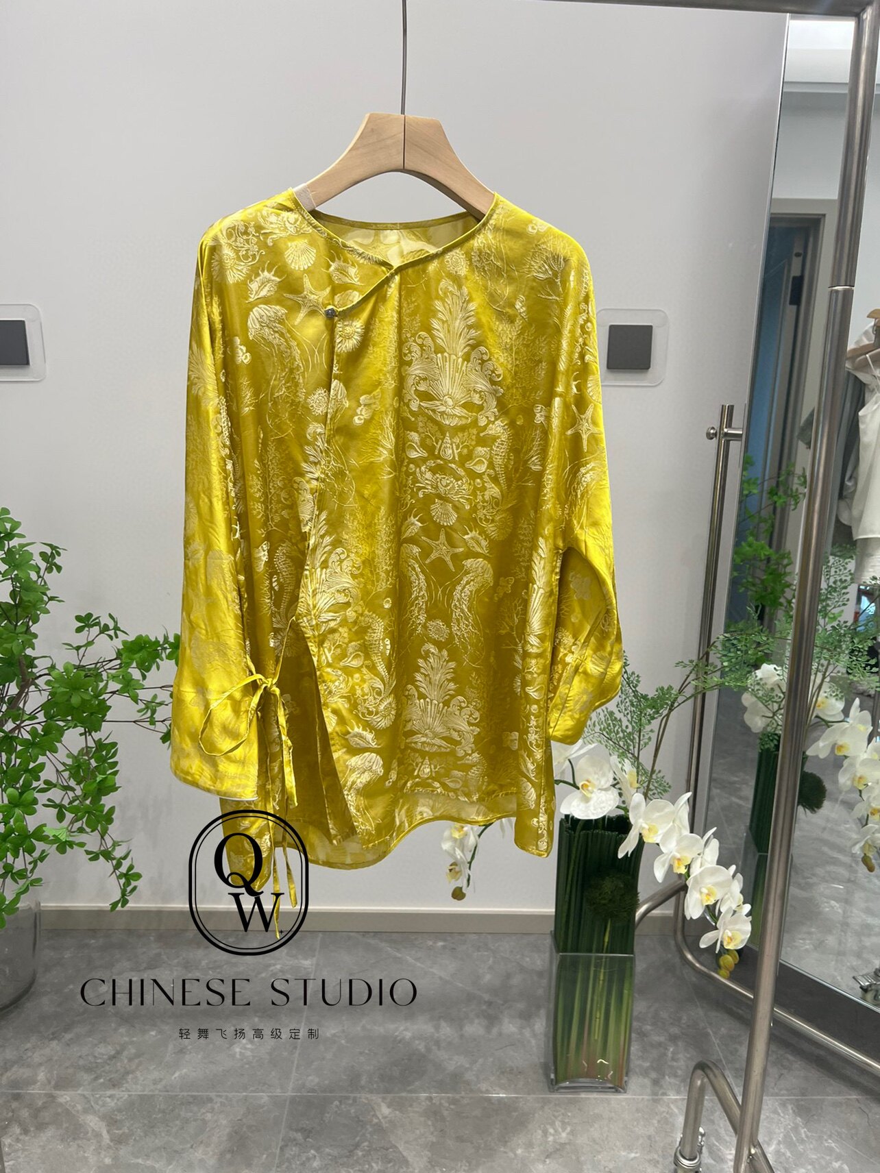 桑蚕丝提花设计感小众时尚系带套头长袖圆领宽松中国风上衣女装