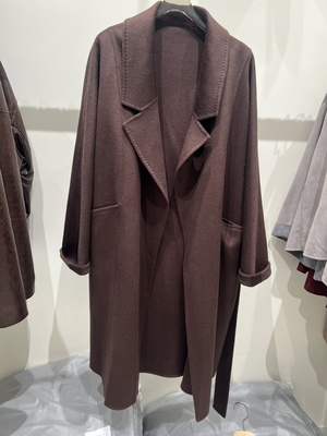 2025秋冬新款女装纯色长袖西装领100纯山羊绒长款大衣外套紫色