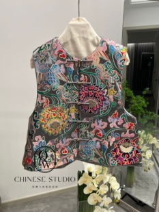 新中式 国风重磅龙凤刺绣复古盘扣莲枝凤凰马甲气质百搭圆领马甲