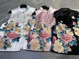 單排扣重工刺繡馬夾外套女2023年春夏新款 實拍 立領無袖 復古時髦