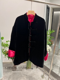 2024秋冬采桑子国风盘扣撞色真丝丝绒宽松黑色棉服女上衣YM240109