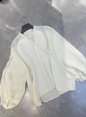 高端泡泡袖V领白色衬衣女春夏高级感套头宽松显瘦衬衫女YM24043