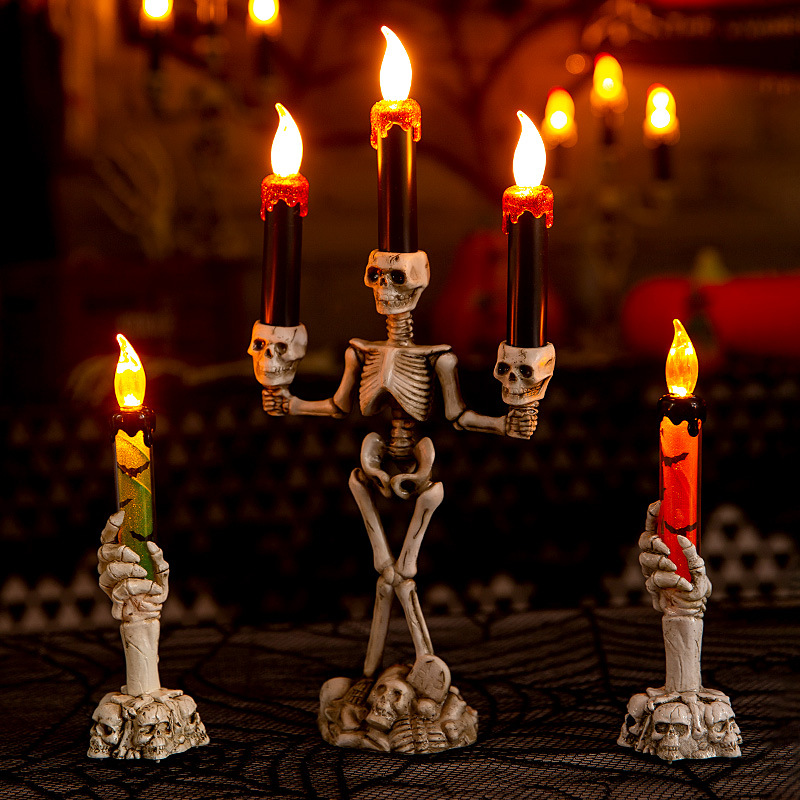 万圣节装饰品仿真火焰发光烛台骷髅蜡烛灯手提灯酒吧鬼屋密室摆件