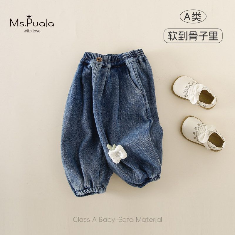 秋冬新款婴幼儿A类亲肤舒适女宝宝韩版软糯柔顺加绒田园风牛仔裤