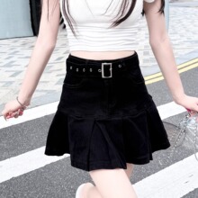 黑色美式牛仔半身裙女夏季薄款2025新款高腰显瘦遮胯a字百褶短裙