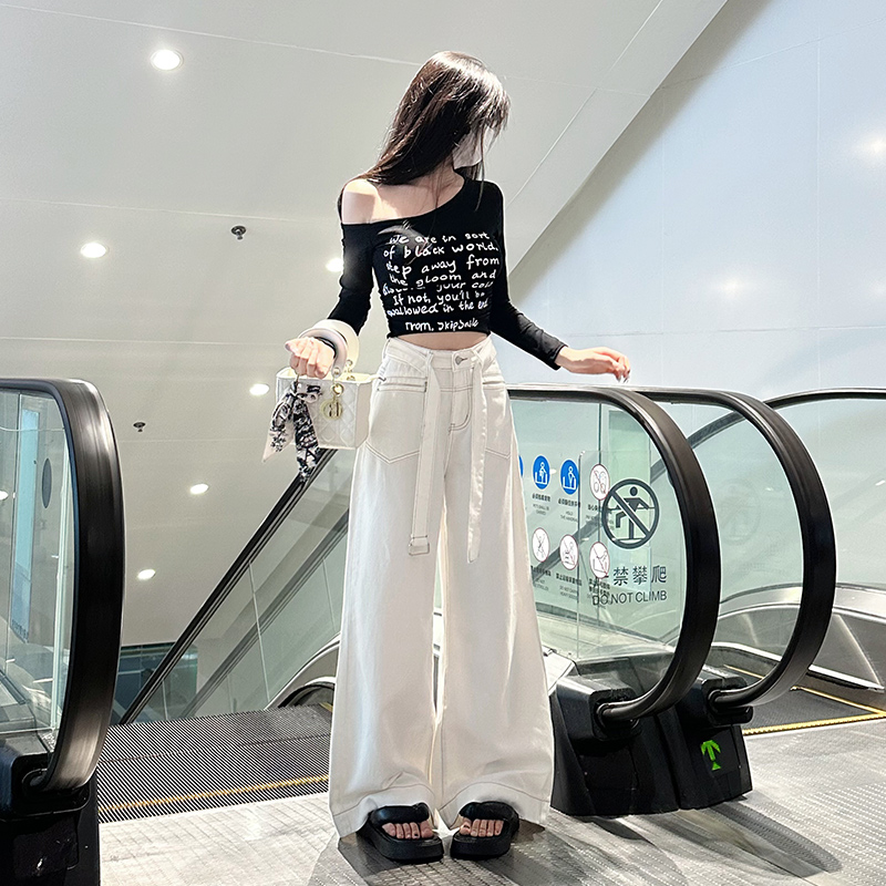 美式辣妹高腰阔腿牛仔裤女2025年新款春季显瘦宽松垂感腰带拖地裤