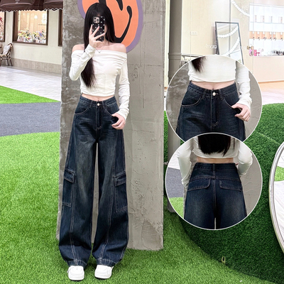 高腰工装弯刀阔腿牛仔裤女