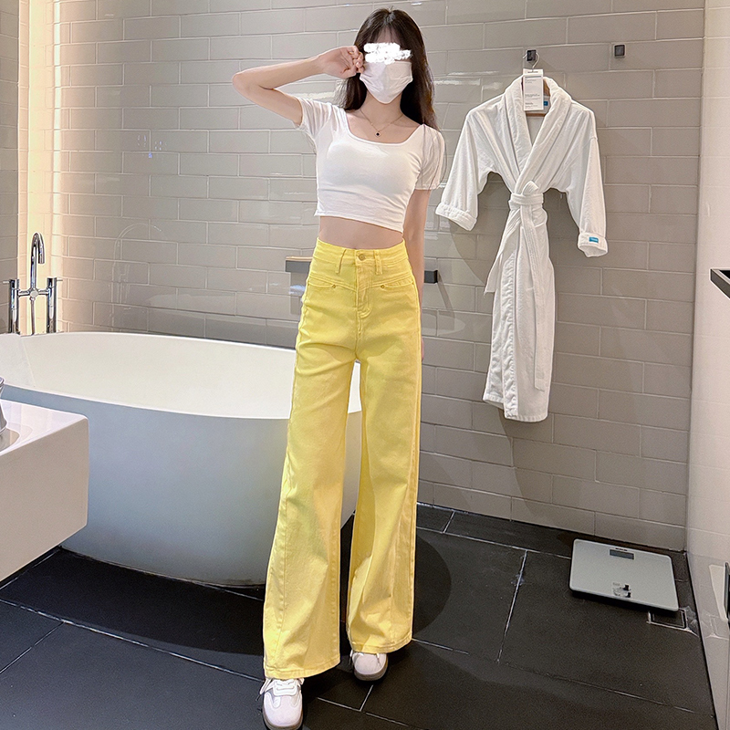 柠檬黄阔腿牛仔裤女2025新款夏季今年流行爆款显瘦弹力直筒拖地裤