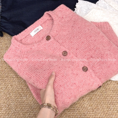 秋季新品【桃花粉】全毛开衫圆领纯色宽松长袖针织毛衣外套 8856