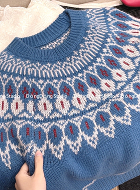 巨显白！【景泰蓝】蓝色费尔岛毛衣圆领套头宽松提花针织衫 7098