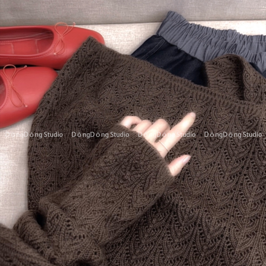 冲量!拼了!【咖啡麦穗】圆领套头纯色镂空宽松长袖针织衫女士毛衣