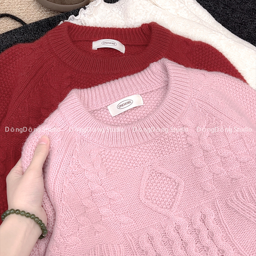 冬季新品[韩里韩气]全毛麻花圆领套头纯色宽松长袖针织衫毛衣9026