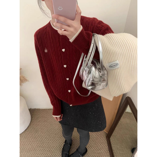 女宽松圆领慵懒风外套UM 假俩件针织开衫 U95141 假俩件爱心扣