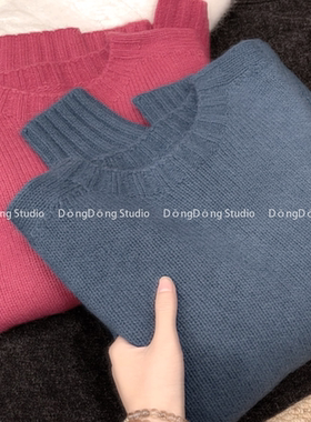 售完无补！设计感斜下摆圆领套头纯色宽松长袖针织衫毛衣 83302