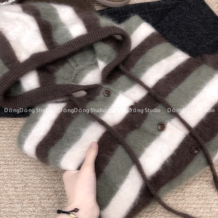 冬季新品[开心果]全毛拉绒拼色条纹连帽开衫宽松长袖毛衣帽衫8300