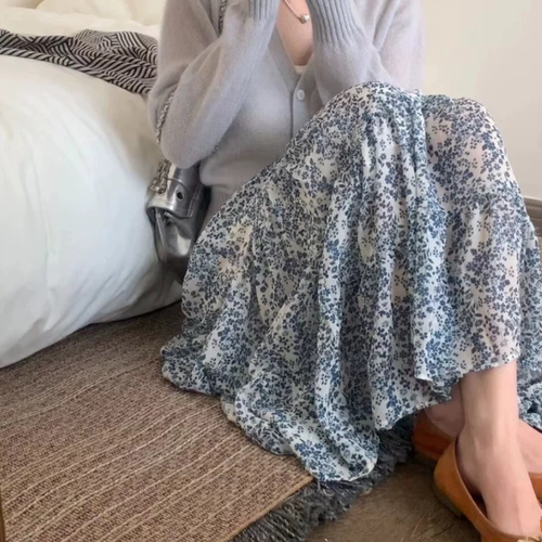 国潮!【青花瓷】夏季百搭碎花半身裙松紧腰宽松百褶中长裙