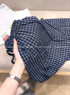 超火爆！/泡泡蓝格裤/阔腿裤慵懒风格子裤女【裤长100-102】6632