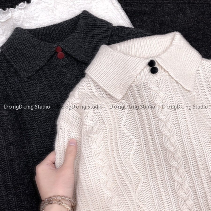 冬季新品[艺术生]全毛方领套头纯色麻花宽松长袖针织衫毛衣 7214