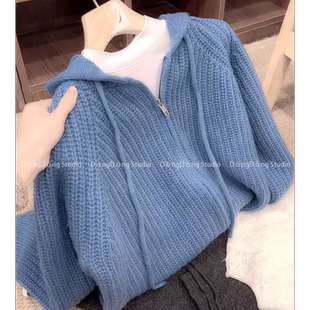 超厚实～[供暖帽衫]拉链连帽纯色宽松长袖针织开衫毛衣外套 39385