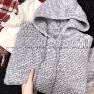 早春新品[外套伴侣]全毛纯色连帽套头宽松长袖针织衫毛衣帽衫7216