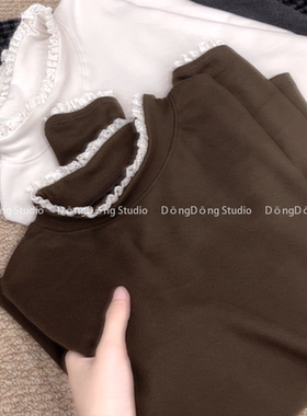 秋季新品【蕾丝慕斯绒】花边半高领套头纯色修身长袖打底衫 7058