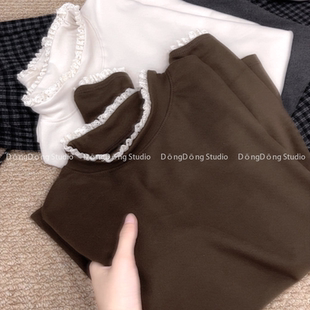 秋季新品【蕾丝慕斯绒】花边半高领套头纯色修身长袖打底衫 7058