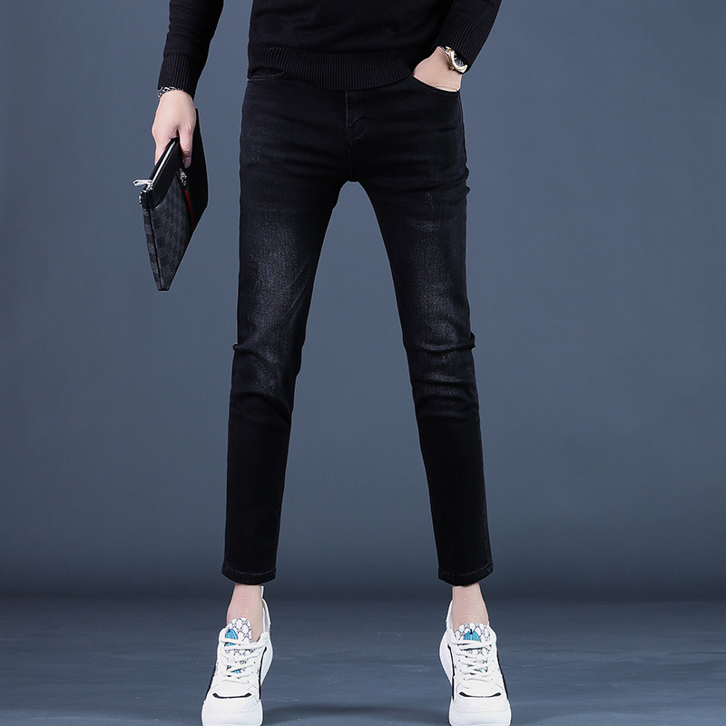 2025秋冬季高端弹力显瘦黑色九分牛仔裤男士修身小脚休闲长裤子男,男装,牛仔裤,淘宝优惠券,粉丝福利购,淘宝优惠卷