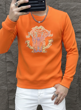 2025秋冬橙色潮流时尚百搭圆领卫衣印花潮牌修身显瘦休闲加绒上衣