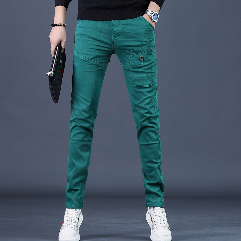 2025秋季高端弹力枣绿色男士牛仔裤修身小脚休闲时尚百搭显瘦裤子