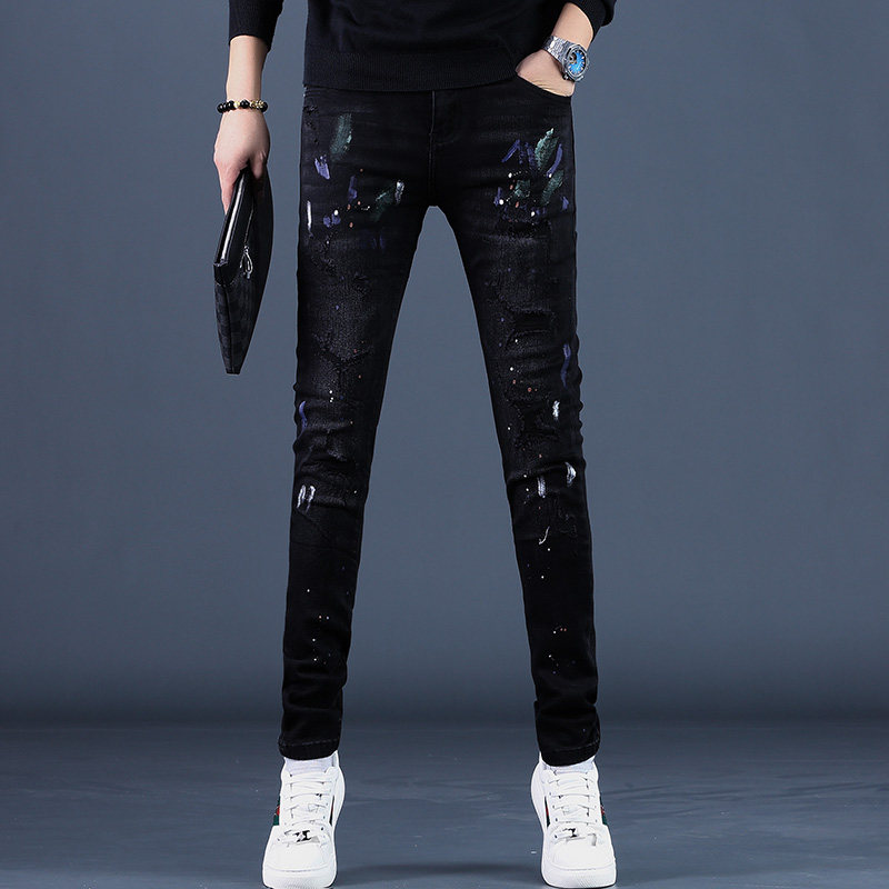 2025秋季男士黑色破洞牛仔裤男潮牌修身百搭小脚休闲裤子韩版潮流