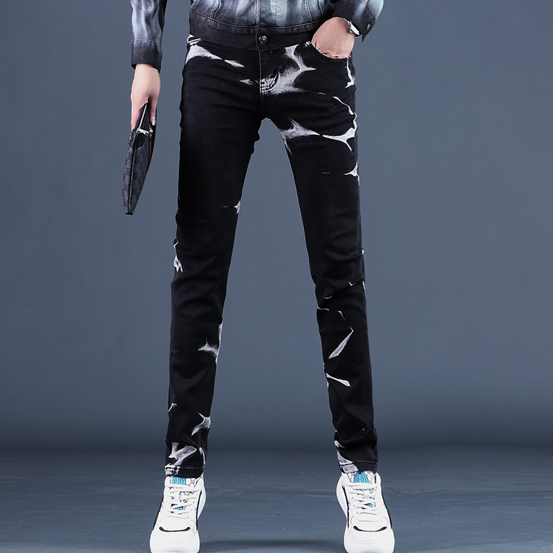 2025秋季新款高端黑色印花男士牛仔裤修身小脚弹力休闲长裤子男潮,男装,牛仔裤,淘宝优惠券,粉丝福利购,淘宝优惠卷