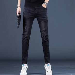2025秋冬季新款乞丐破洞黑色男士牛仔裤男裤修身休闲小脚潮流裤子