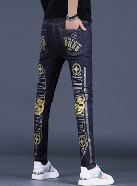 秋冬季高端刺绣福神牛仔裤深蓝色裤子男直筒修身印花休闲潮牌isn