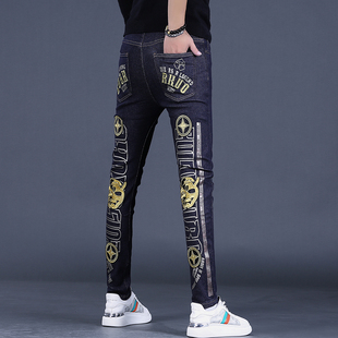 秋冬季高端刺绣福神牛仔裤深蓝色裤子男直筒修身印花休闲潮牌isn