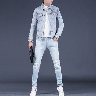 秋季款浅色高端牛仔外套男潮牌修身韩版2025新款牛仔套装男士夹克