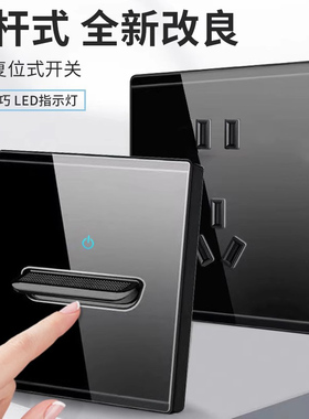 国际电工黑色钢化玻璃复古拨杆开关插座面板86型暗装酒店民宿开关