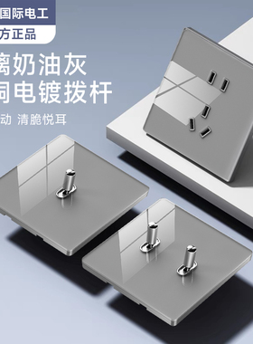 国际电工86型超薄灰色钢化玻璃复古拨杆开关插座面板家用一开五孔