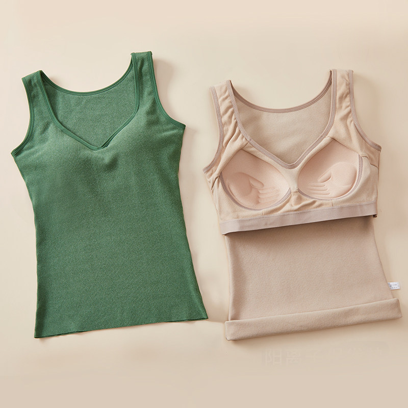 无痕德绒保暖背心带胸垫一体式加绒贴身打底贴身紧身发热保暖内衣