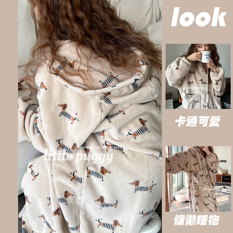软糯甜美腊肠狗珊瑚绒连帽睡袍女2025冬季新款保暖加厚可外穿睡袍