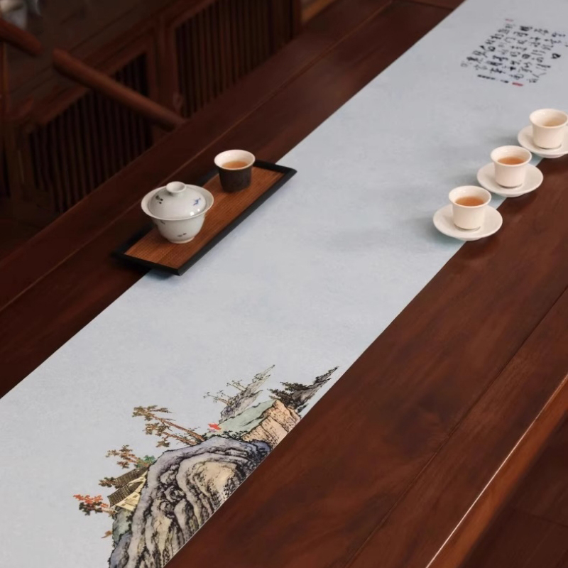 新中式防水茶席 茶台桌布禅意 复古国风桌旗 布艺仿古画 山水画