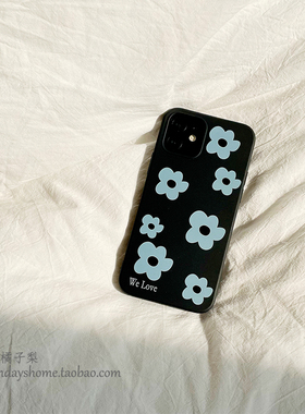 简约蓝色花朵适用于苹果12/15proMax手机黑壳iPhoneXR/XS软14/13