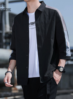 8773-2021夏季新款七分袖衬衫男纯棉衬衣修身免烫休闲韩版潮