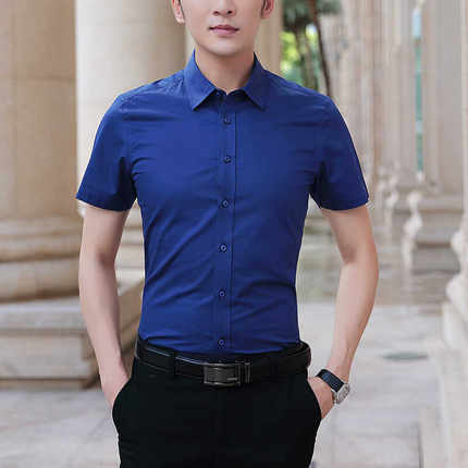 衬衫男短袖士中青年职业商务正装工作寸上衣服大码免烫纯色深蓝色